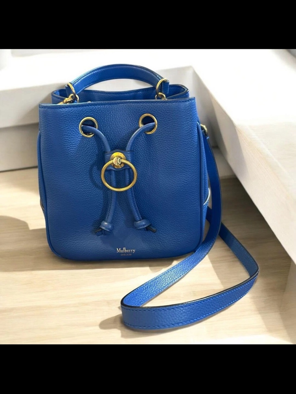 Mulberry Cobalt Blue Pebbled Leather Drawstring Crossbody